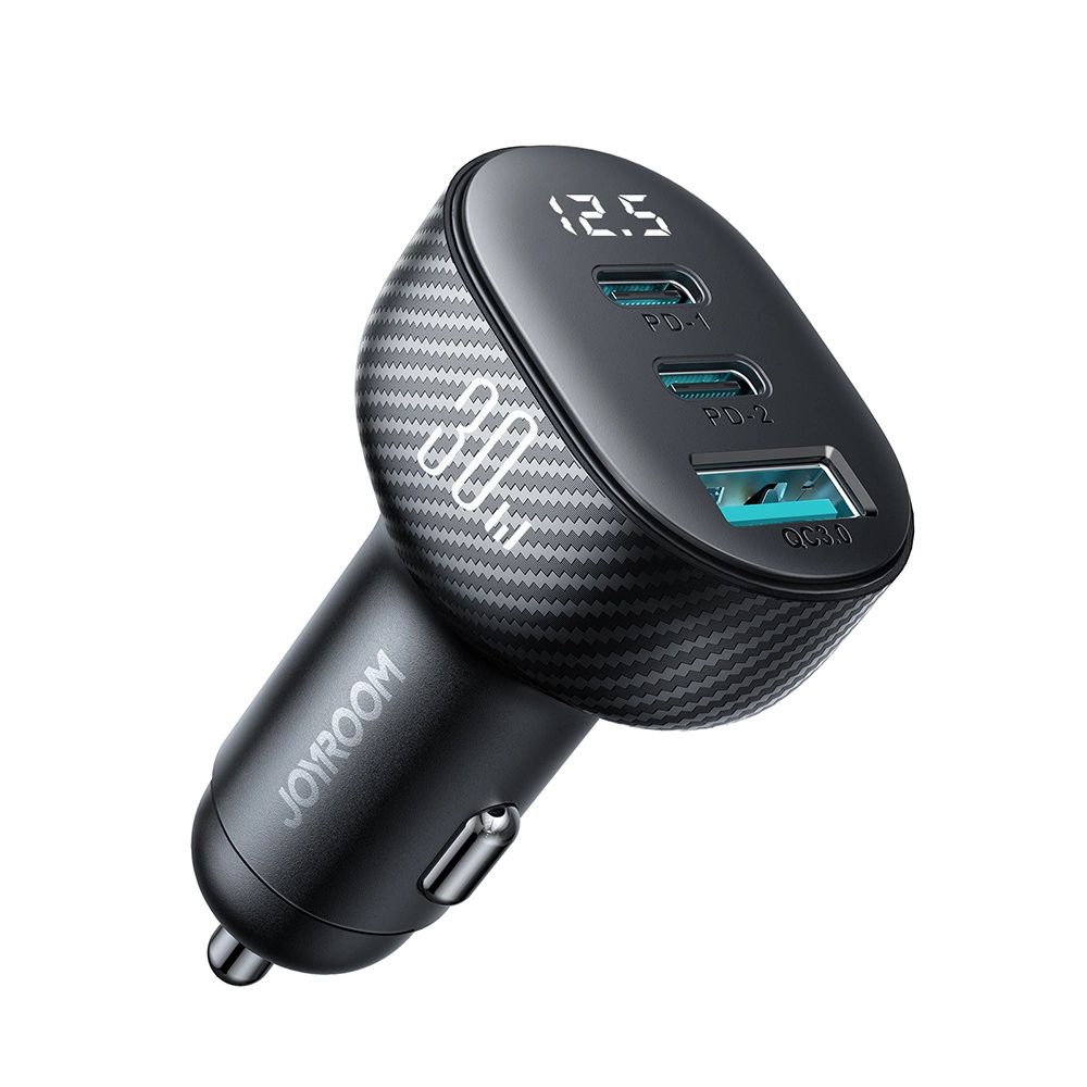 Joyroom JR-CCD04 30W 2x USB-C USB-A automobilinis įkroviklis su ekranu – juodas