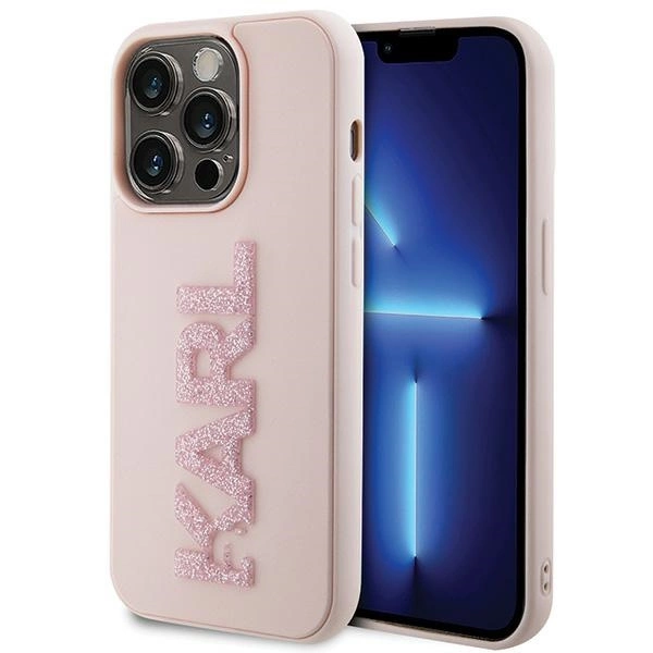 Karl Lagerfeld 3D Rubber Glitter Logo dėklas iPhone 15 Pro Max – rožinis
