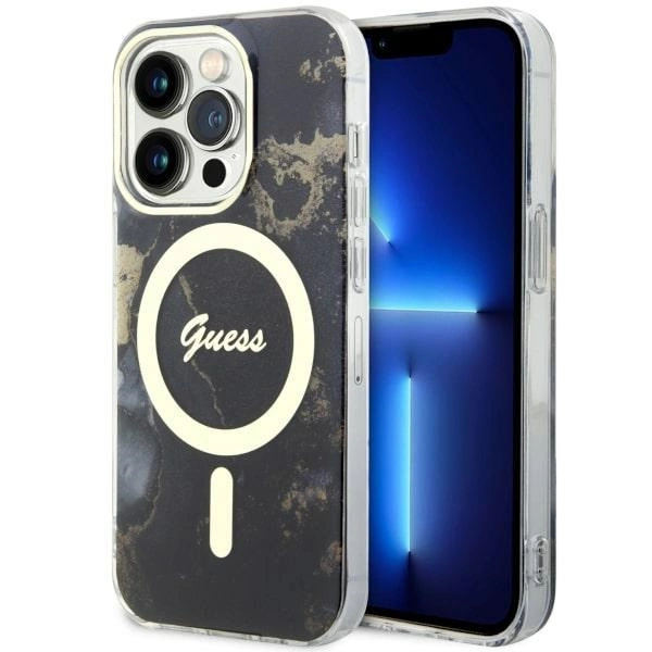 Guess GUHMP14LHTMRSK iPhone 14 Pro 6,1" – juodas/juodas kietas dėklas, Golden Marble MagSafe