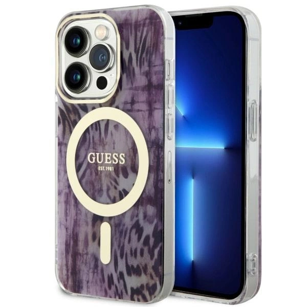 Guess GUHMP14LHLEOPWP iPhone 14 Pro 6,1" – rožinis/rožinis kietas dėklas, Leopard MagSafe
