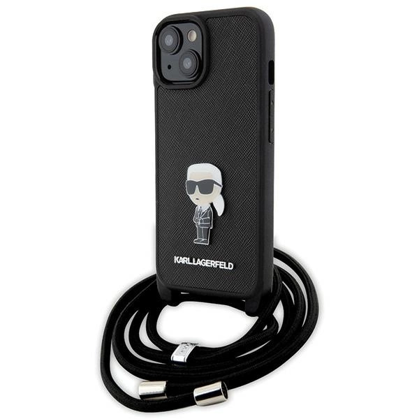 Karl Lagerfeld Crossbody Saffiano Monogram Metal Pin Karl & Choupette dėklas iPhone 15 – juodas