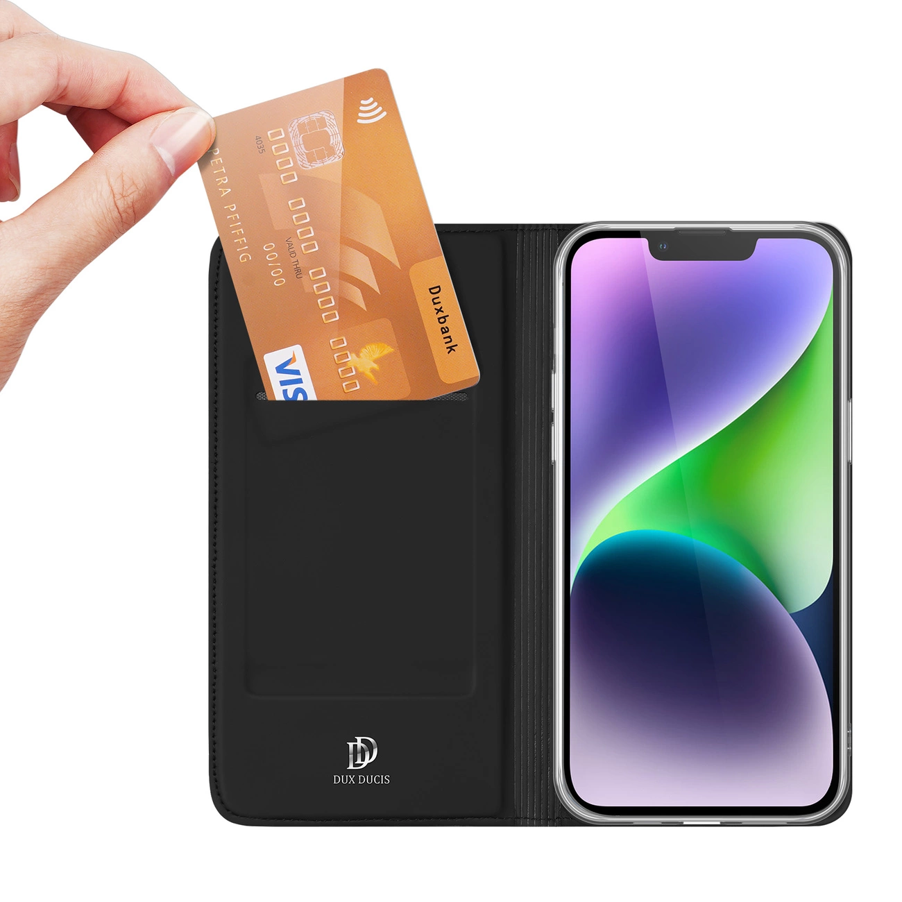 Dux Ducis Skin Pro piniginės dėklas iPhone 15 Plus – juodas