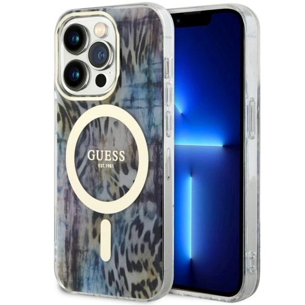 Guess GUHMP14LHLEOPWB iPhone 14 Pro 6,1" – mėlynas/mėlynas kietas dėklas, Leopard MagSafe