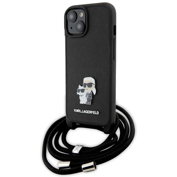 Karl Lagerfeld Crossbody Saffiano Metal Pin Karl & Choupette dėklas iPhone 15 – juodas