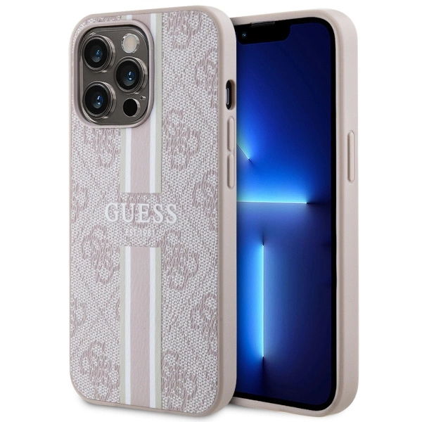 Guess GUHMP13LP4RPSP iPhone 13 Pro / 13 6,1" – rožinis/rožinis kietas dėklas 4G Printed Stripes MagSafe