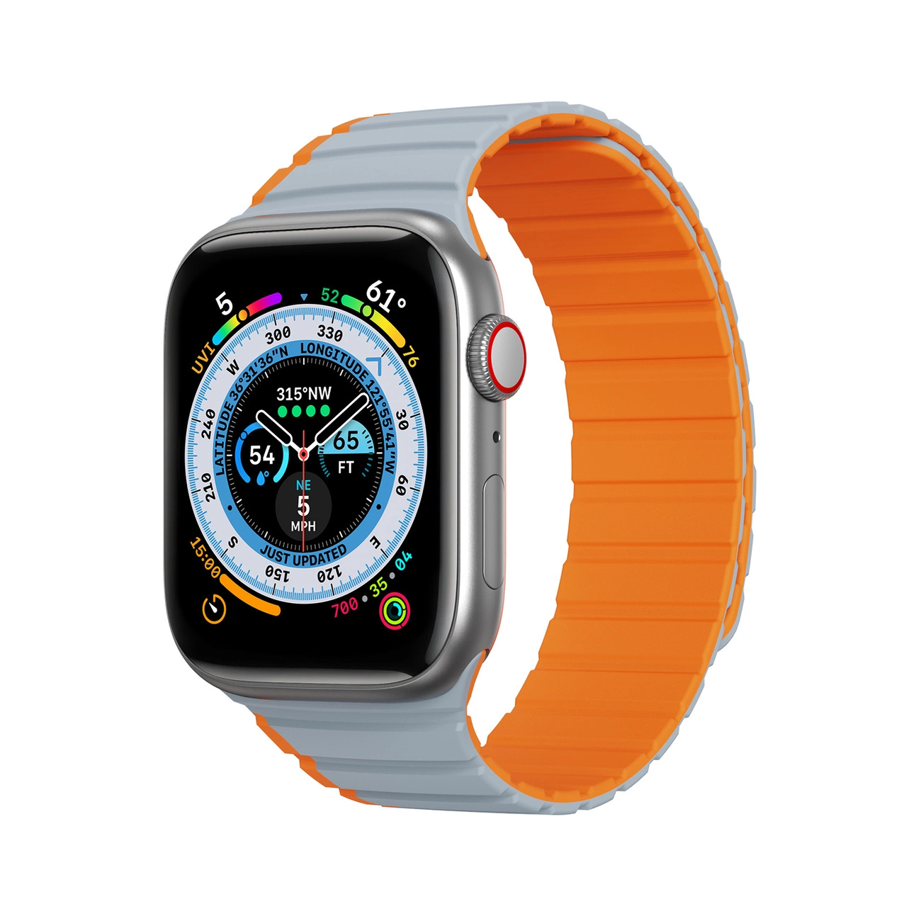 Magnetinis Apple Watch SE, 9, 8, 7, 6, 5, 4, 3, 2, 1 (41, 40, 38 mm) Dux Ducis dirželis (LD versija) – pilkai-oranžinis