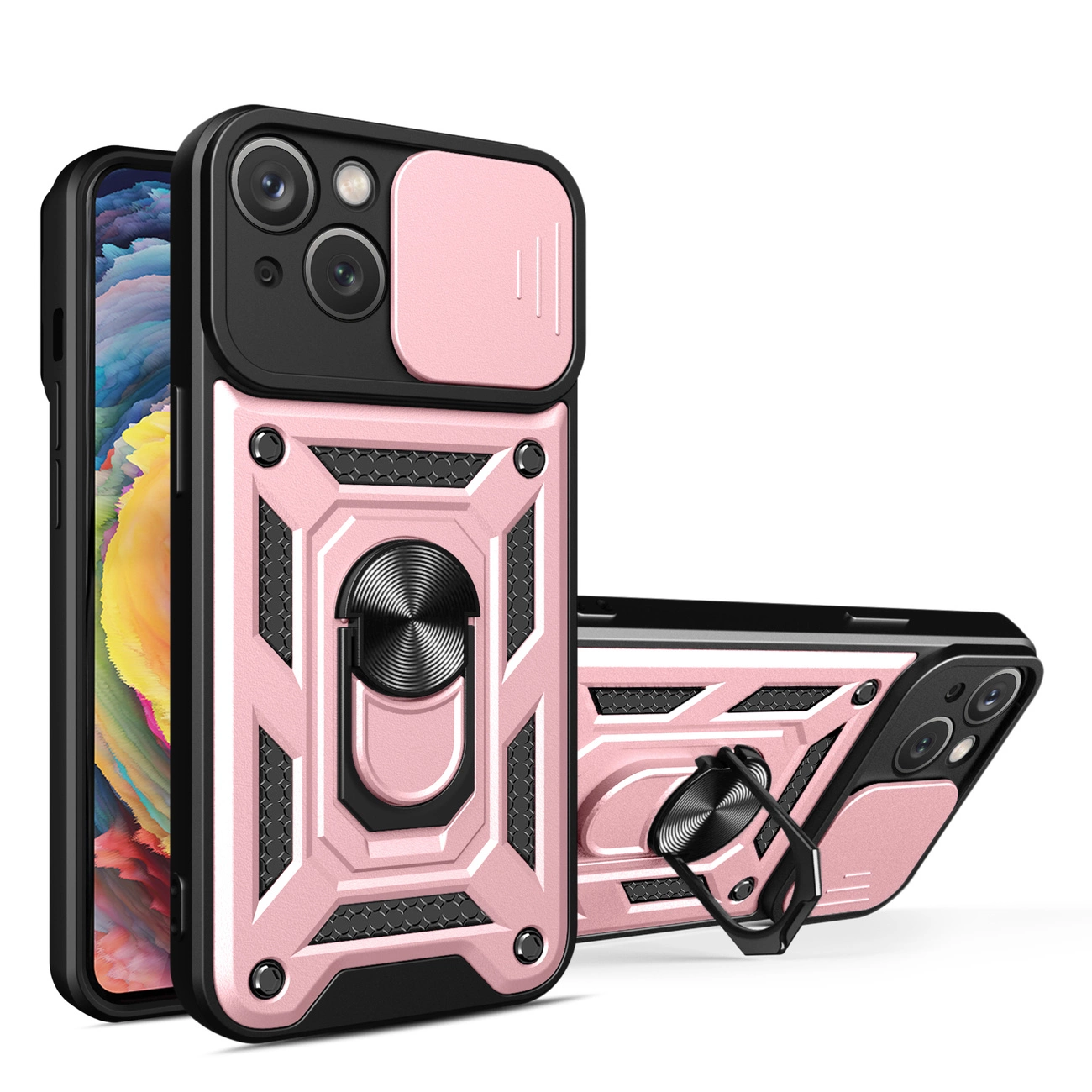Hybrid Armor Camshield dėklas su stoveliu ir kameros apsauga iPhone 15 – rožinis