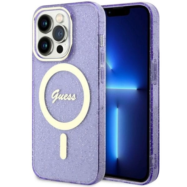 Guess GUHMP14LHCMCGU iPhone 14 Pro 6,1" – violetinis/violetinis kietas dėklas, Glitter Gold MagSafe