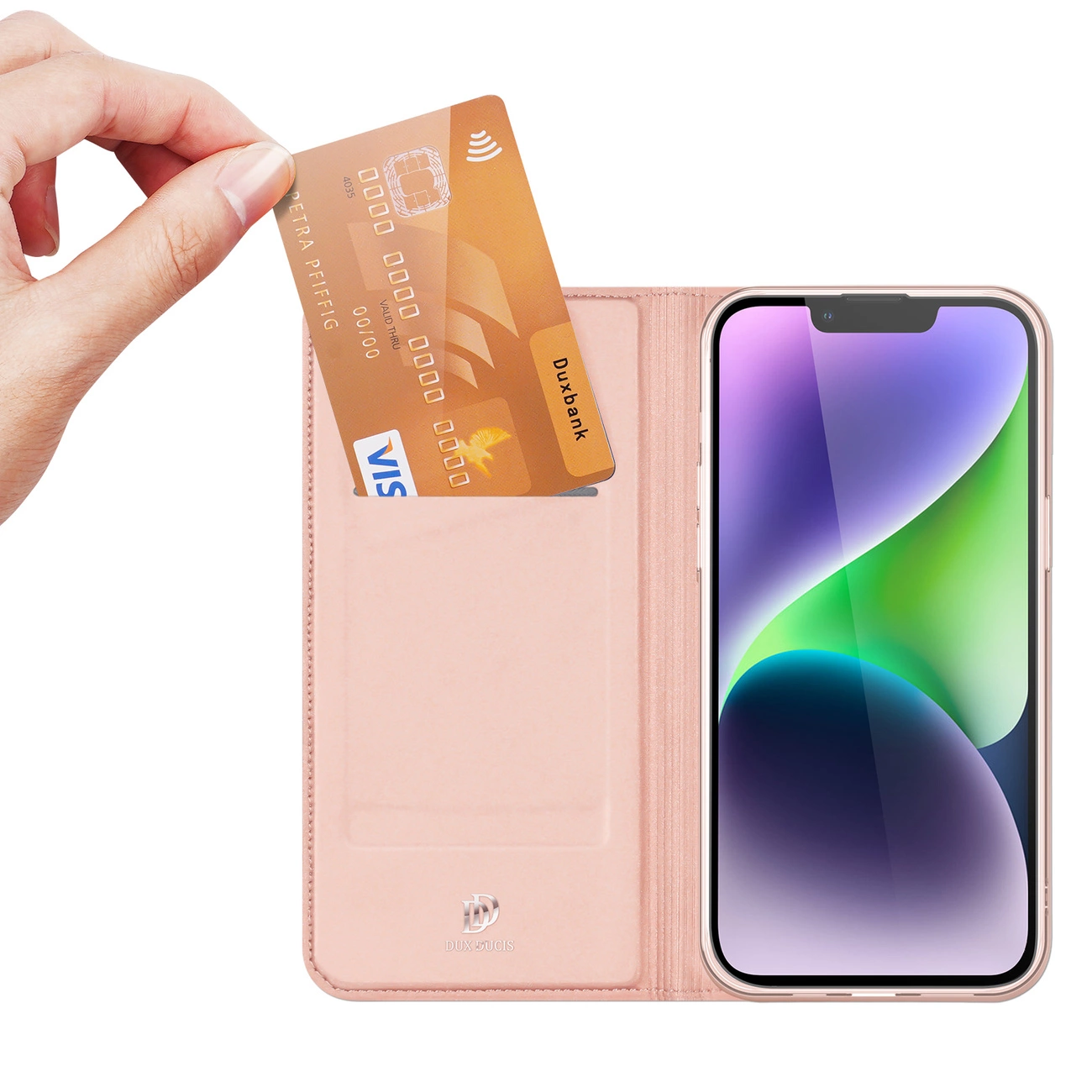 Dux Ducis Skin Pro piniginės dėklas iPhone 15 Plus – rožinis