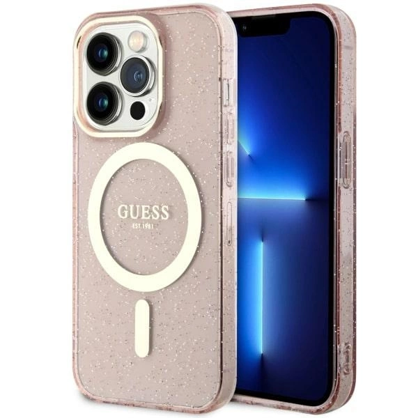Guess GUHMP14LHCMCGP iPhone 14 Pro 6,1" – rožinis/rožinis kietas dėklas, Glitter Gold MagSafe