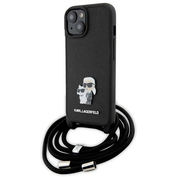 Karl Lagerfeld Crossbody Saffiano Metal Pin Karl & Choupette dėklas iPhone 15 Plus – juodas