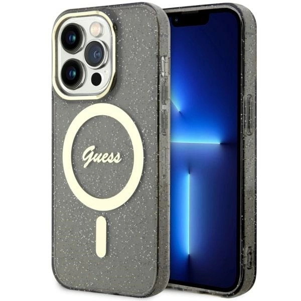 Guess GUHMP14LHCMCGK iPhone 14 Pro 6,1" – juodas/juodas kietas dėklas, Glitter Gold MagSafe