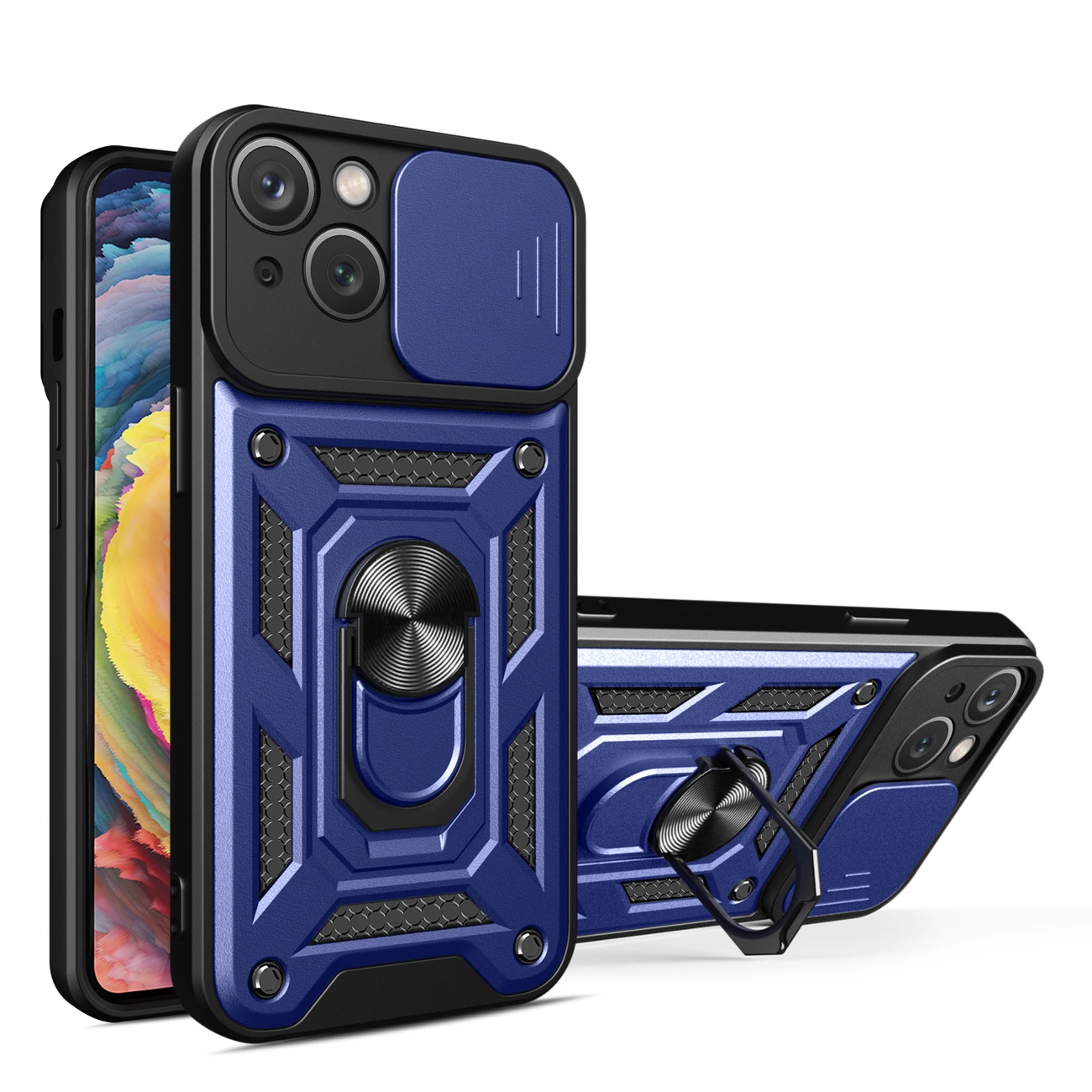 Hybrid Armor Camshield dėklas su stoveliu ir kameros apsauga iPhone 15 Plus – mėlynas