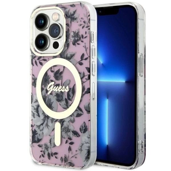 Guess GUHMP14LHCFWSP iPhone 14 Pro 6,1" – rožinis/rožinis kietas dėklas, Flower MagSafe