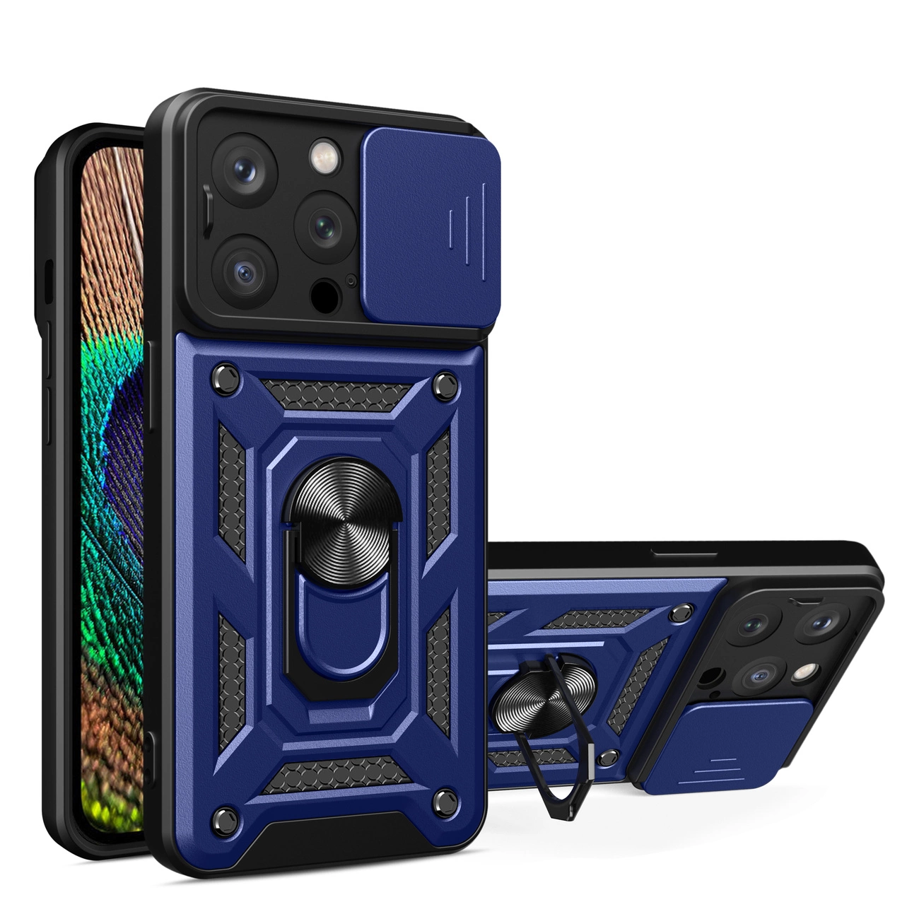 Hybrid Armor Camshield iPhone 15 Pro dėklas su stoveliu ir kameros apsauga – mėlynas
