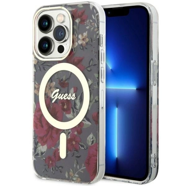 Guess GUHMP14LHCFWSA iPhone 14 Pro 6,1" – žalias/khaki kietas dėklas, Flower MagSafe