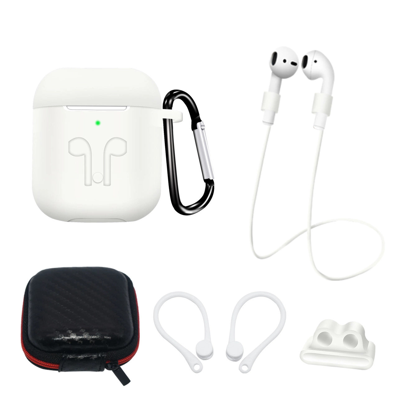 Silikoninių dėklų rinkinys AirPods 2 / AirPods 1 + dėklas / ausų kabliukas / kaklo dirželis / laikrodžio dirželio laikiklis / karabinas – baltas