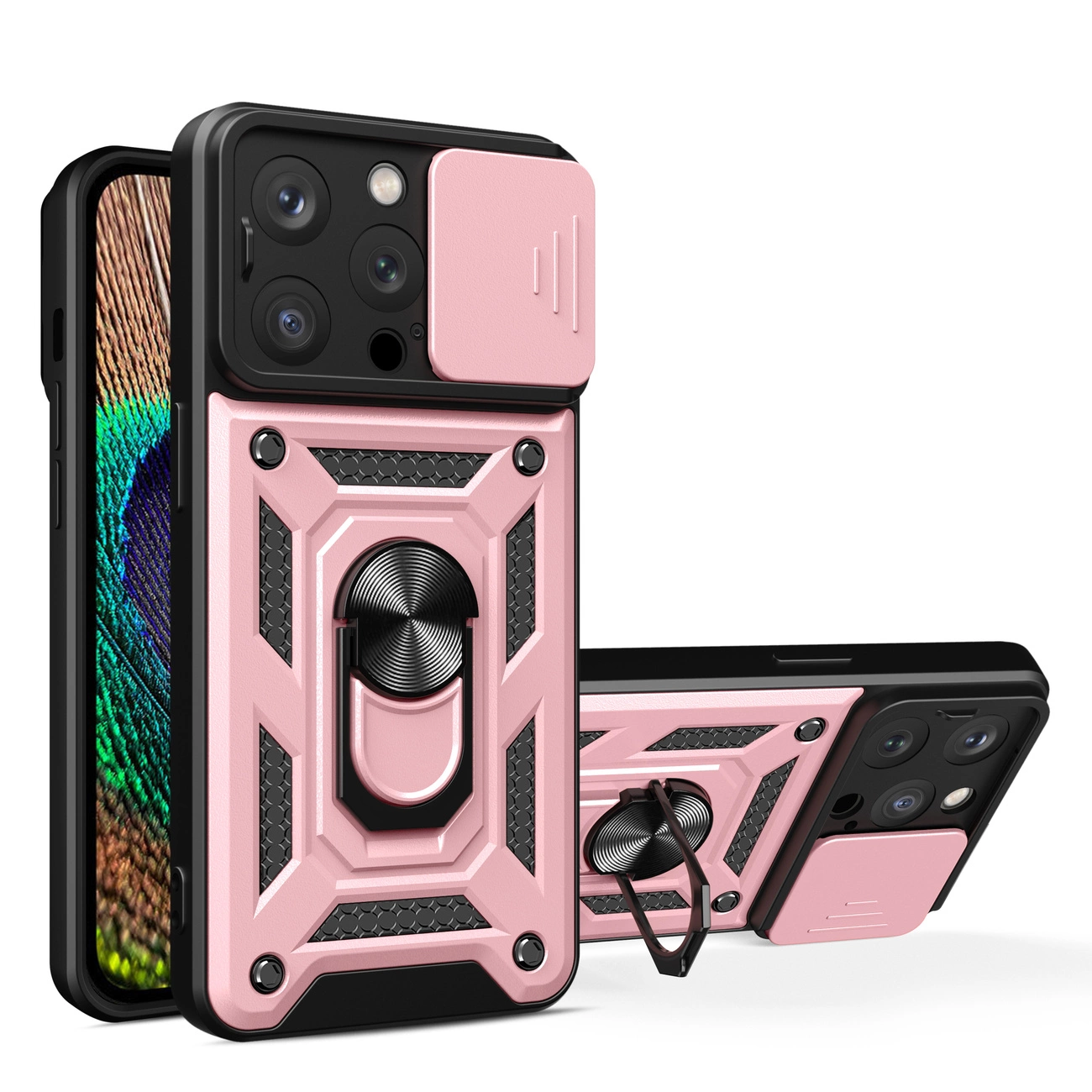 iPhone 15 Pro Max – Hybrid Armor Camshield dėklas su stoveliu ir kameros apsauga – rožinis