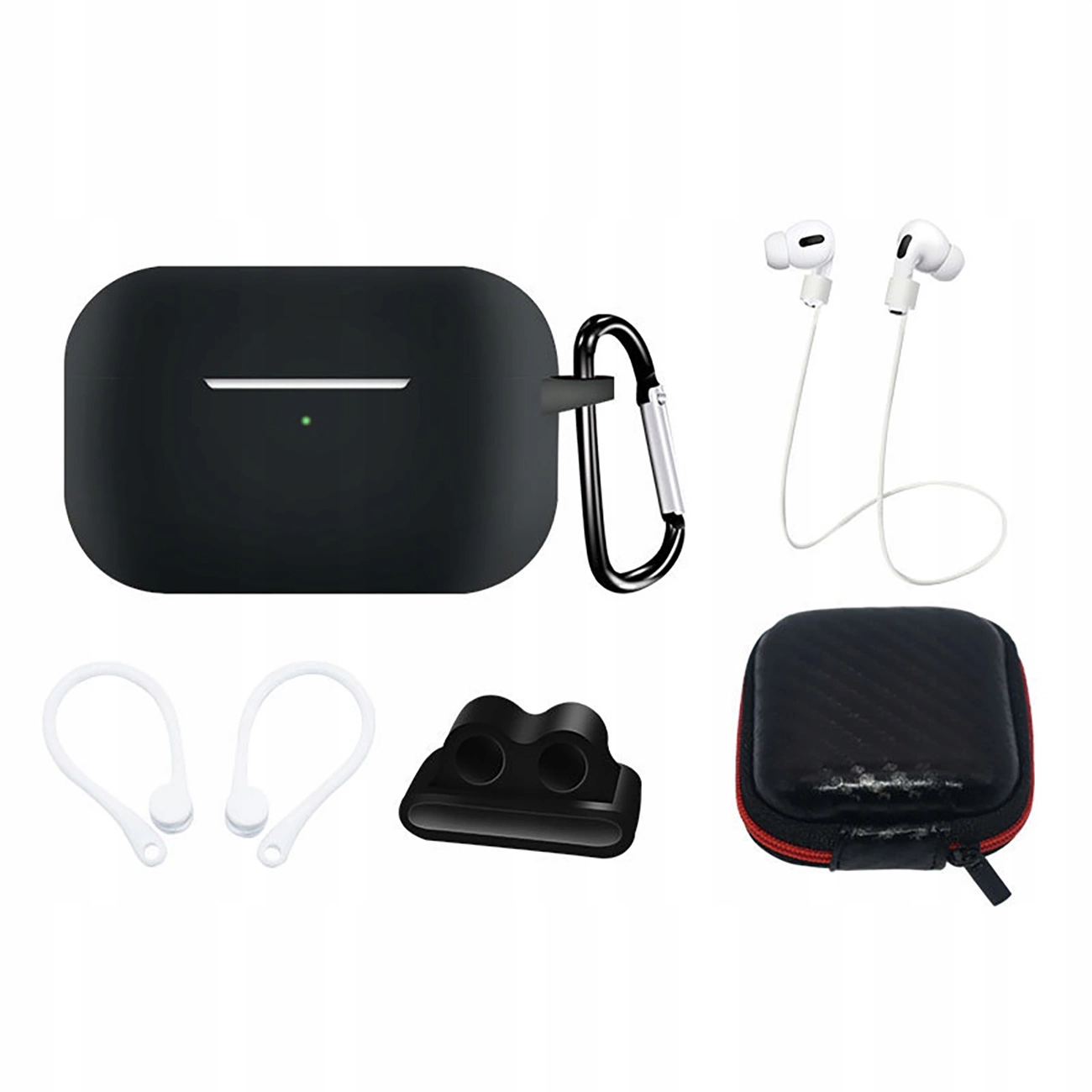 Silikoninių dėklų rinkinys AirPods Pro 2 / AirPods Pro 1 + dėklas / ausų kabliukas / kaklo dirželis / laikrodžio dirželio laikiklis / karabinas – juodas