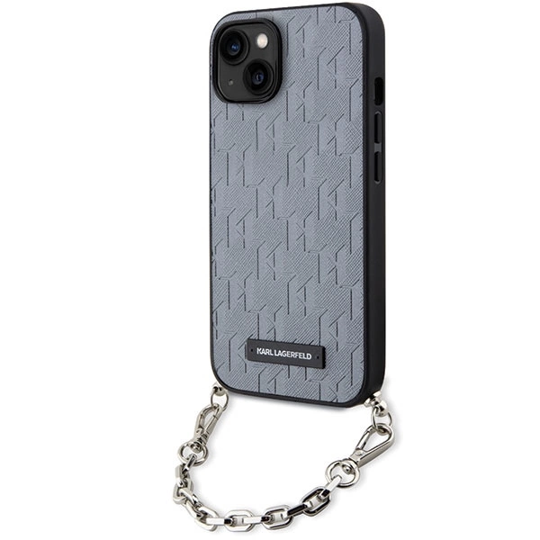 Karl Lagerfeld KLHCP14SSACKLHPG iPhone 14 6,1" – sidabrinis/sidabrinis kietas dėklas Saffiano Monogram Chain