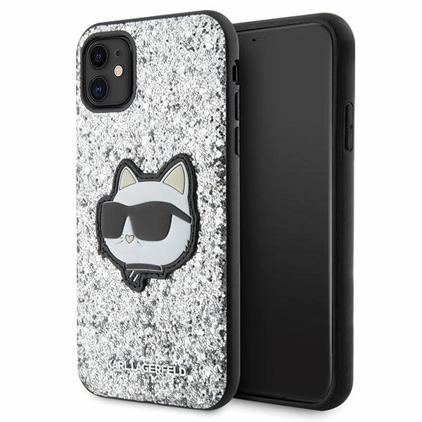Karl Lagerfeld KLHCN61G2CPS iPhone 11 / Xr 6.1" – sidabrinis/sidabrinis, kietas dėklas, Glitter Choupette Patch