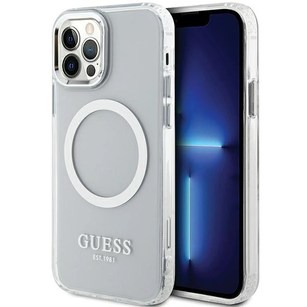 Guess Metal Outline Magsafe dėklas iPhone 12 / iPhone 12 Pro – sidabrinis