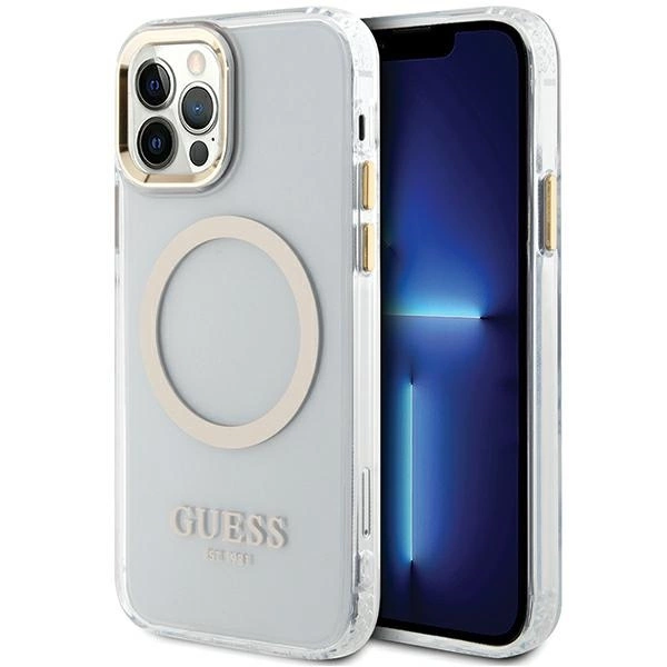 Guess Metal Outline Magsafe dėklas iPhone 12 / iPhone 12 Pro – auksinis