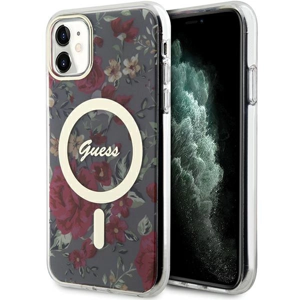 Guess GUHMN61HCFWSA iPhone 11 / Xr 6.1" – žalia/khaki, kietas dėklas, Flower MagSafe