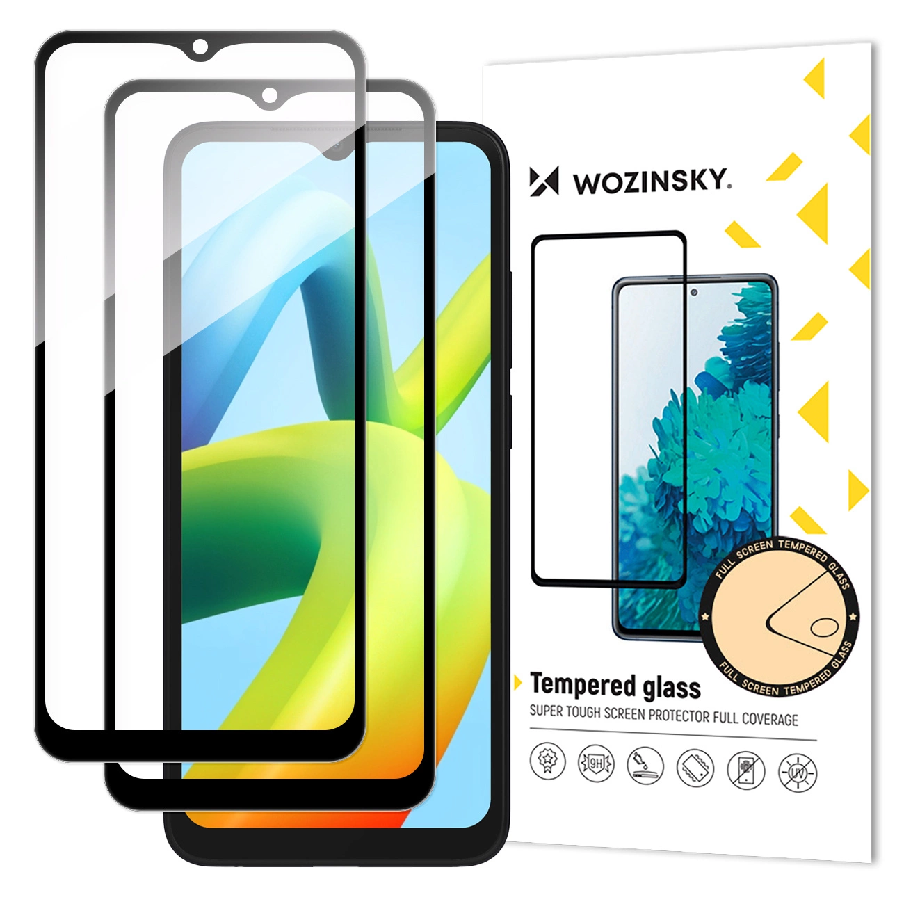 Wozinsky Full Glue apsauginis stiklas 2x Xiaomi Redmi A2 / Redmi A1 9H, visas ekranas, juodas rėmelis
