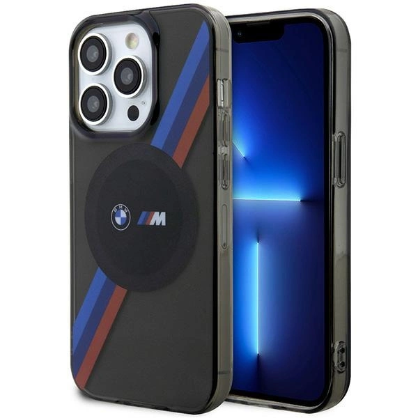 Dėklas BMW BMHMP14XHDTK iPhone 14 Pro Max 6,7" – pilkas/pilkas kietas dėklas, trispalvės juostelės MagSafe