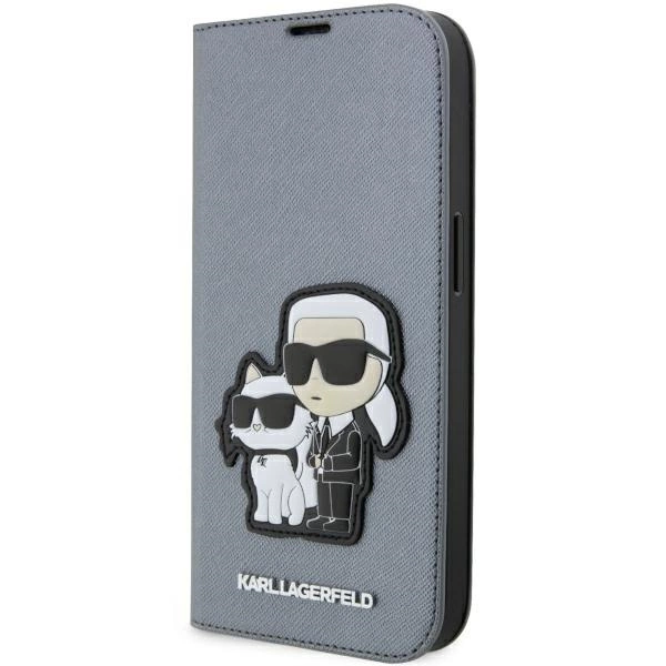 Karl Lagerfeld KLBKP14XSANKCPG iPhone 14 Pro Max 6,7" – knygutės tipo dėklas sidabrinis/sidabrinis, Saffiano Karl & Choupette