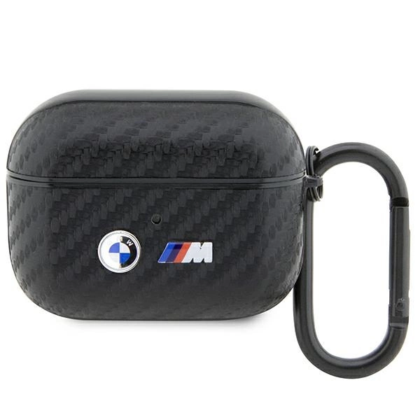 BMW BMAPWMPUCA2 AirPods Pro dėklas – juodas/juodas, anglies pluoštas, dvigubas metalinis logotipas