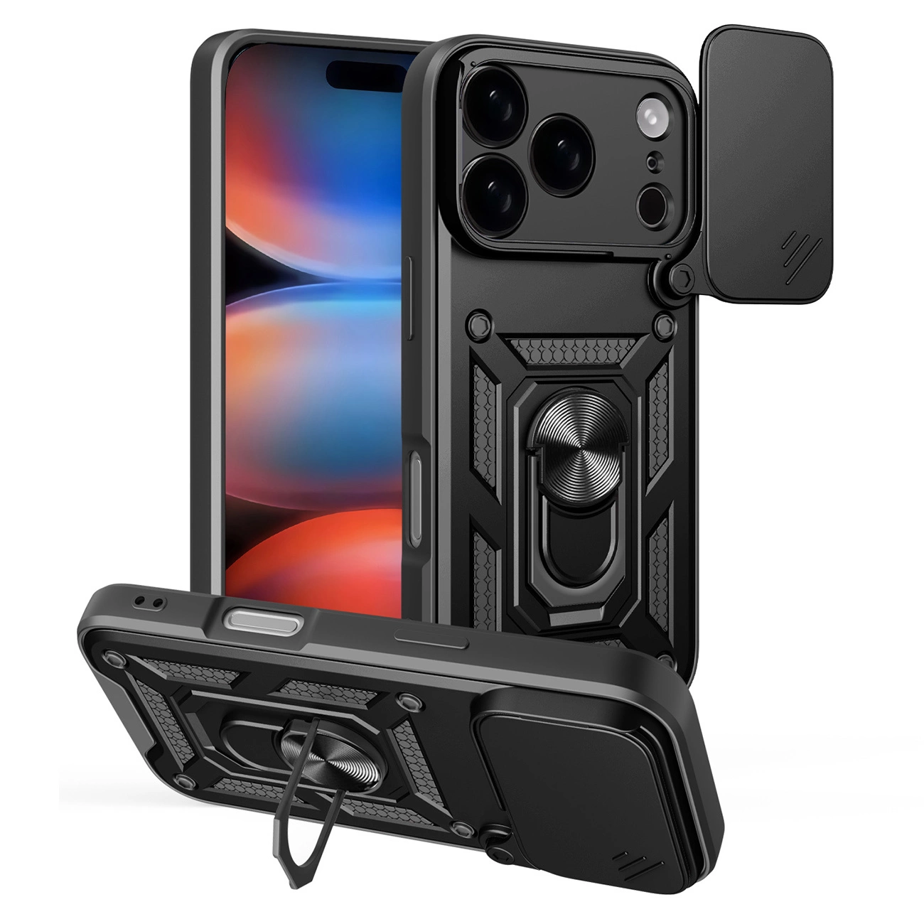 Hybrid Armor Camshield dėklas iPhone 17 Pro Max su stoveliu ir kameros apsauga – juodas