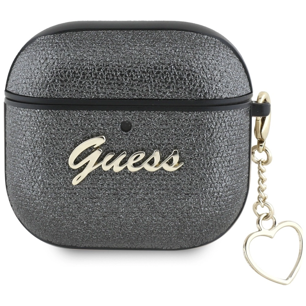 Guess metalinis blizgus „script“ dėklas AirPods 4 – juodas