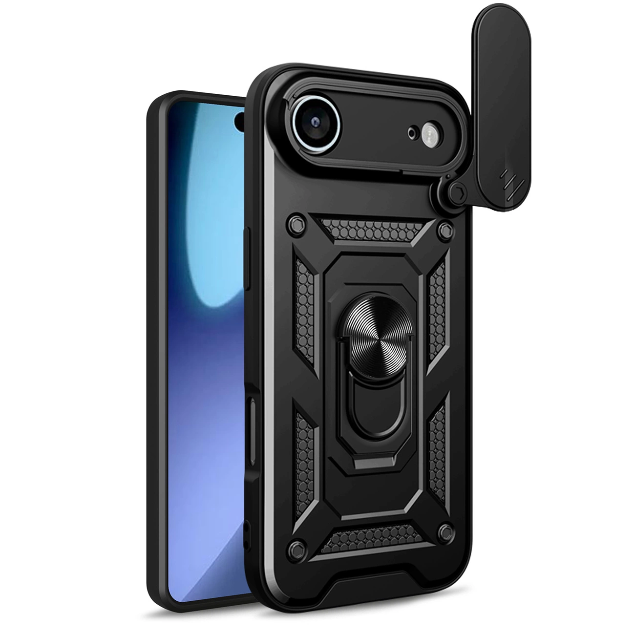 Hybrid Armor Camshield dėklas iPhone 17 Air su stoveliu ir kameros apsauga – juodas