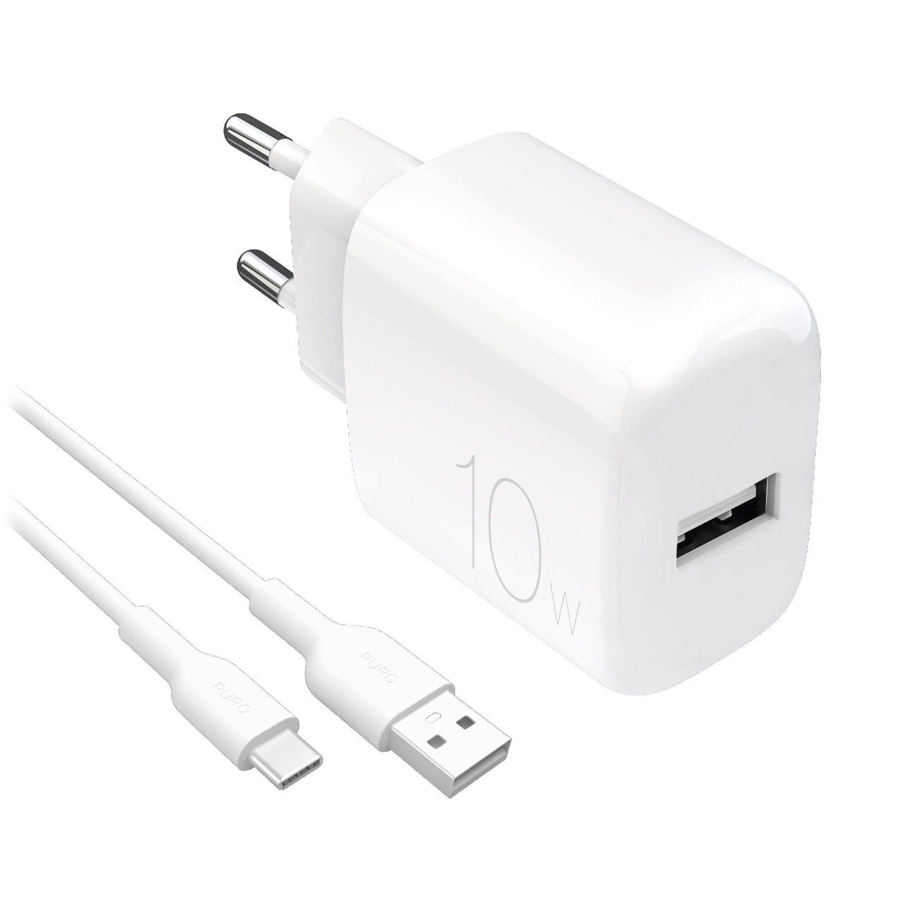 Puro PROLITE 10W USB-A sieninis įkroviklis + USB-A – USB-C kabelis 1,2m – baltas