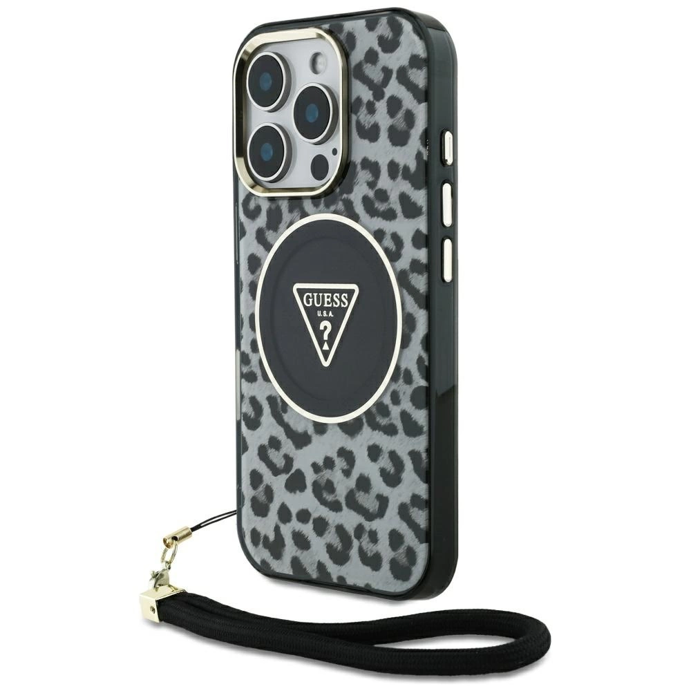Guess HC IML leopardas trikampio dirželio MagSafe dėklas iPhone 16 Pro – juodas