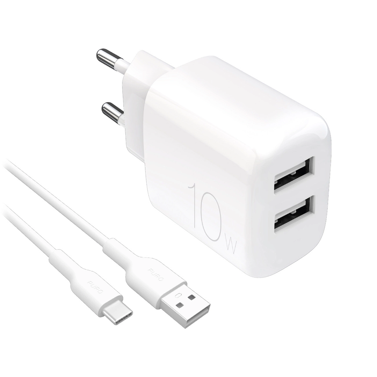 Puro PROLITE 10W 2x USB-A sieninis įkroviklis + USB-A – USB-C kabelis 1,2m – baltas