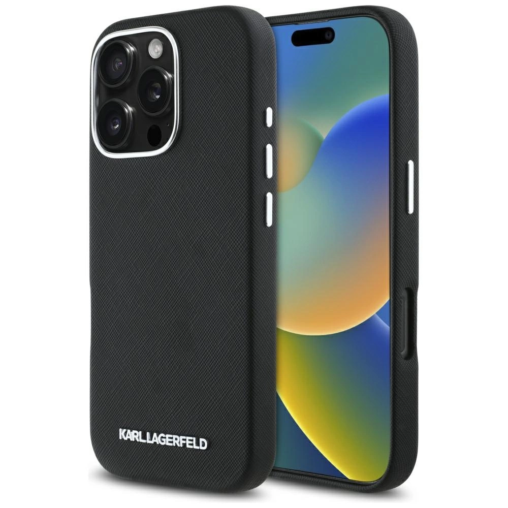 Karl Lagerfeld Saffiano Pilnai apvyniotas Ilgas Metal Logo MagSafe dėklas iPhone 16 Pro Max - juodas