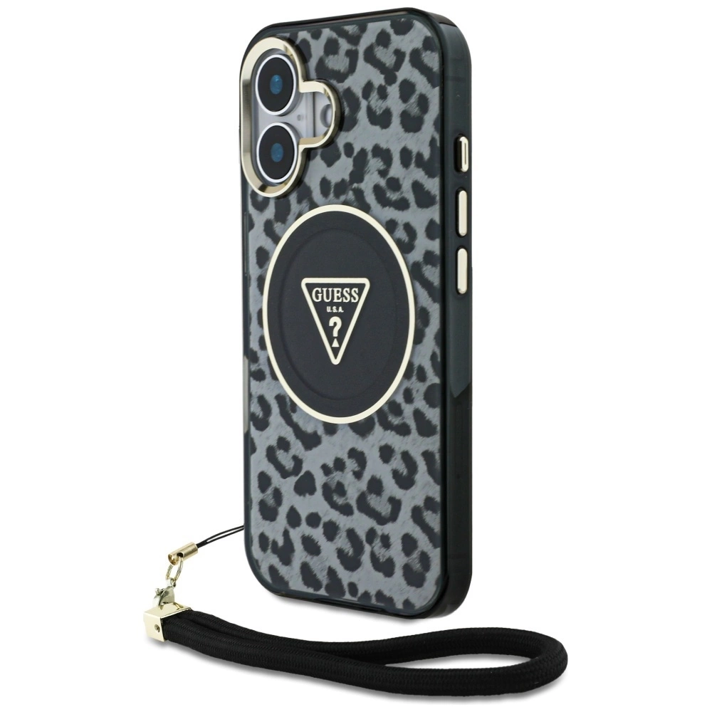 Guess HC IML leopardas trikampio dirželio MagSafe dėklas iPhone 16 – juodas