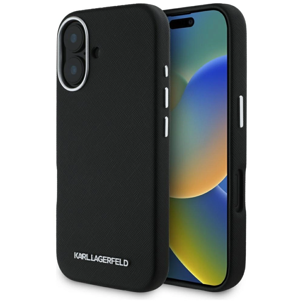 Karl Lagerfeld Saffiano Pilnai apvyniotas Ilgas Metal Logo MagSafe dėklas iPhone 16 - juodas