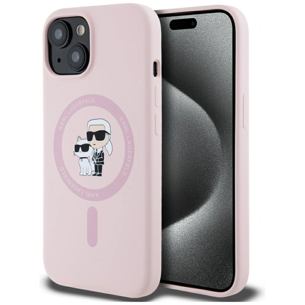 Karl Lagerfeld Silicone Karl & Choupette MagSafe iPhone 15 Plus dėklas - rožinis