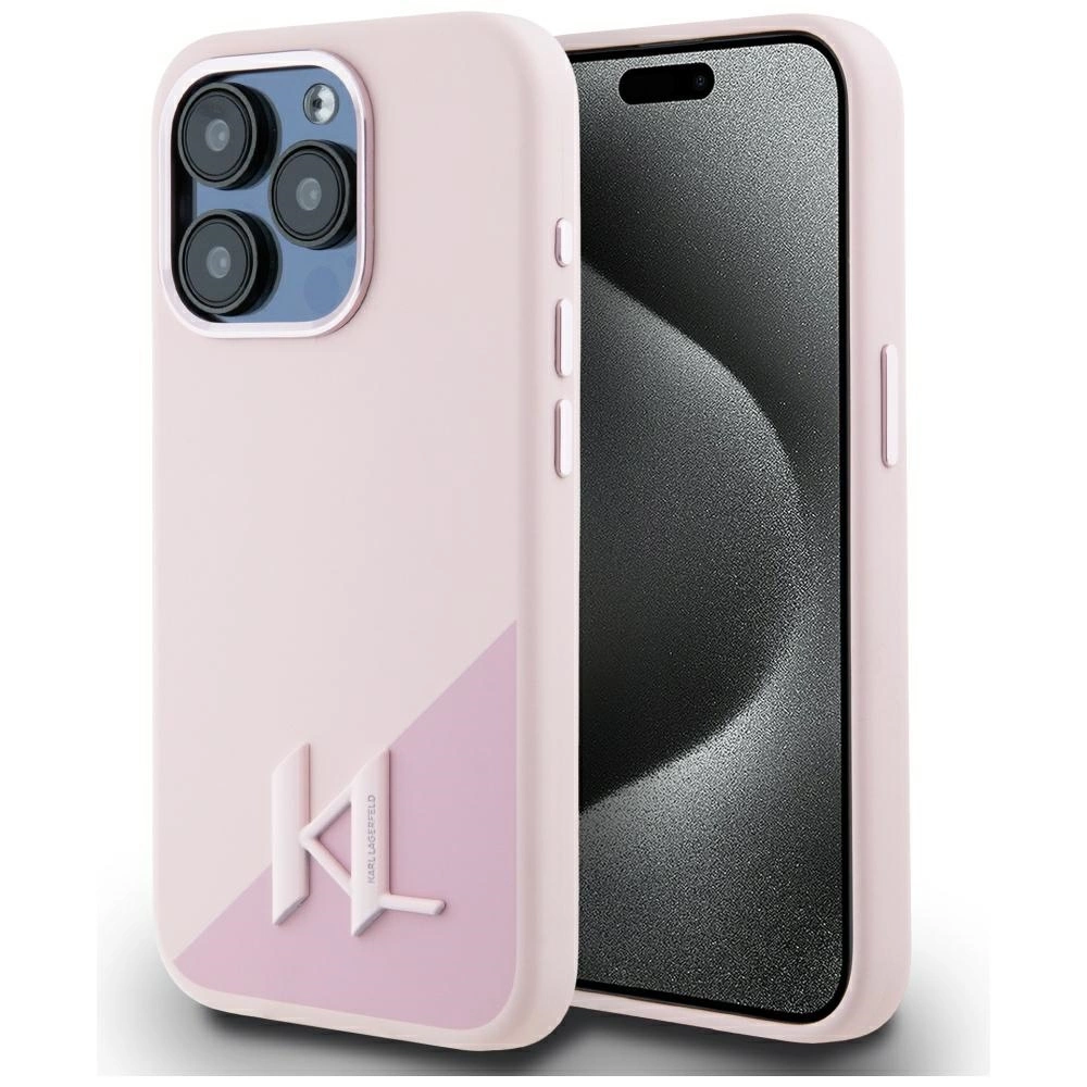 Karl Lagerfeld Silicone Shadow Metal Initial MagSafe dėklas iPhone 15 Pro – rožinis