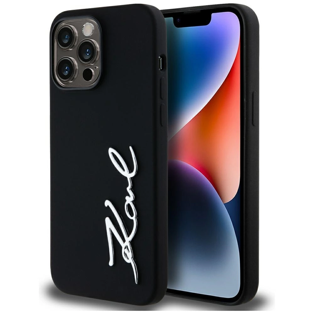 Karl Lagerfeld Silicone Metal Script Logo dėklas iPhone 14 Pro Max – juodas