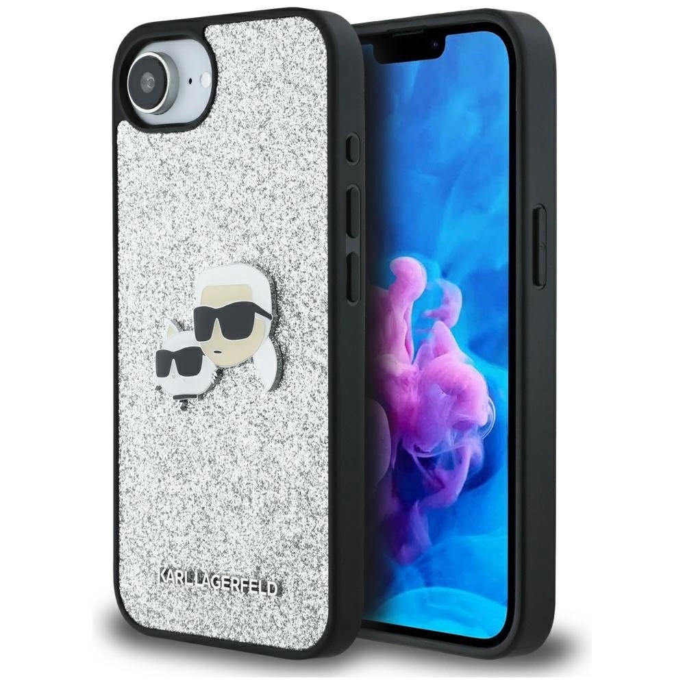 Karl Lagerfeld Fixed Glitter Ikonik Metal Pin iPhone 16e dėklas - sidabrinis
