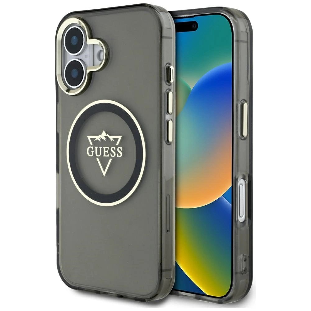Guess IML Metal Mountain Logo MagSafe dėklas iPhone 16 - juodas