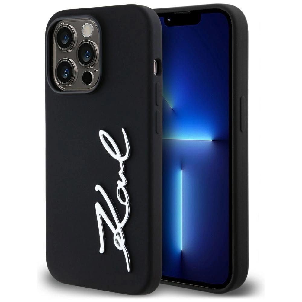 Karl Lagerfeld Silicone Metal Script Logo dėklas iPhone 14 Pro – juodas