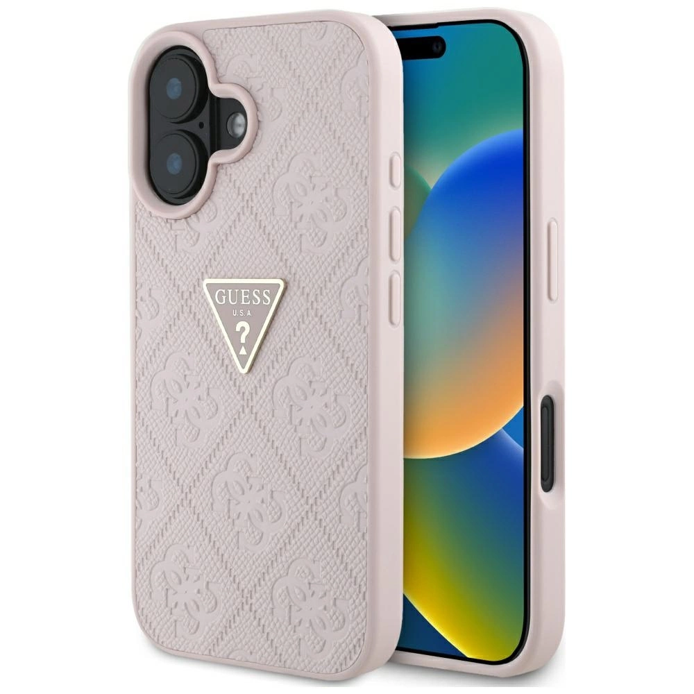 Guess Hot Stamp 4G Pattern Trikampio Metal Logo dėklas iPhone 16 - rožinis