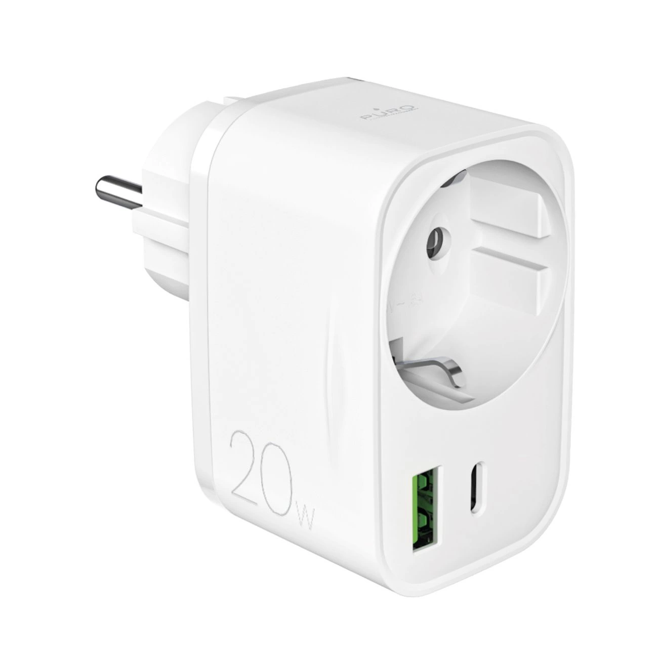 Puro 20W Power Delivery įkroviklis su Schuko kištuku ir lizdu 1x USB-C + 1x USB-A – balta