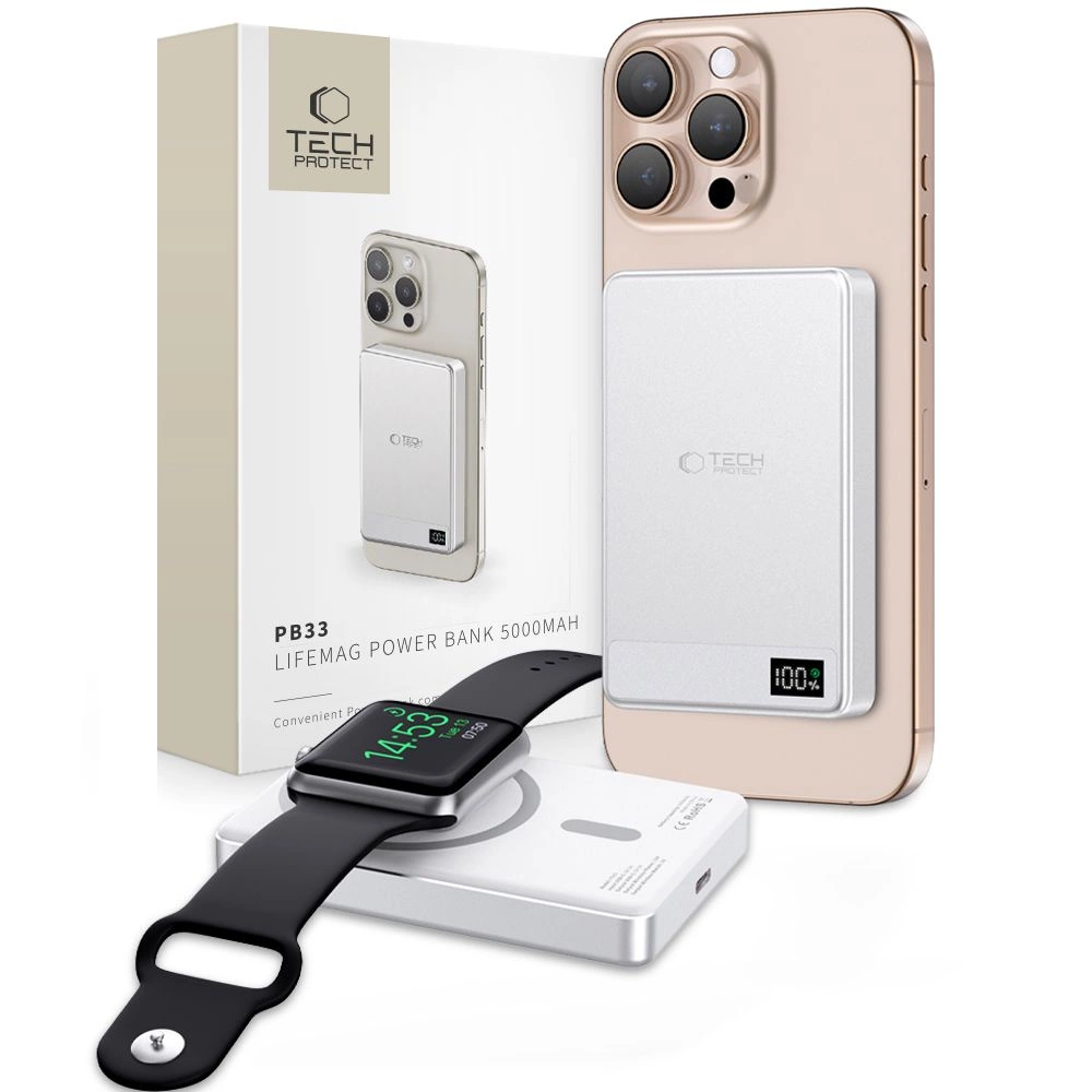 Išorinė baterija Tech-Protect PB33 LifeMag MagSafe 5000mAH – sidabrinė